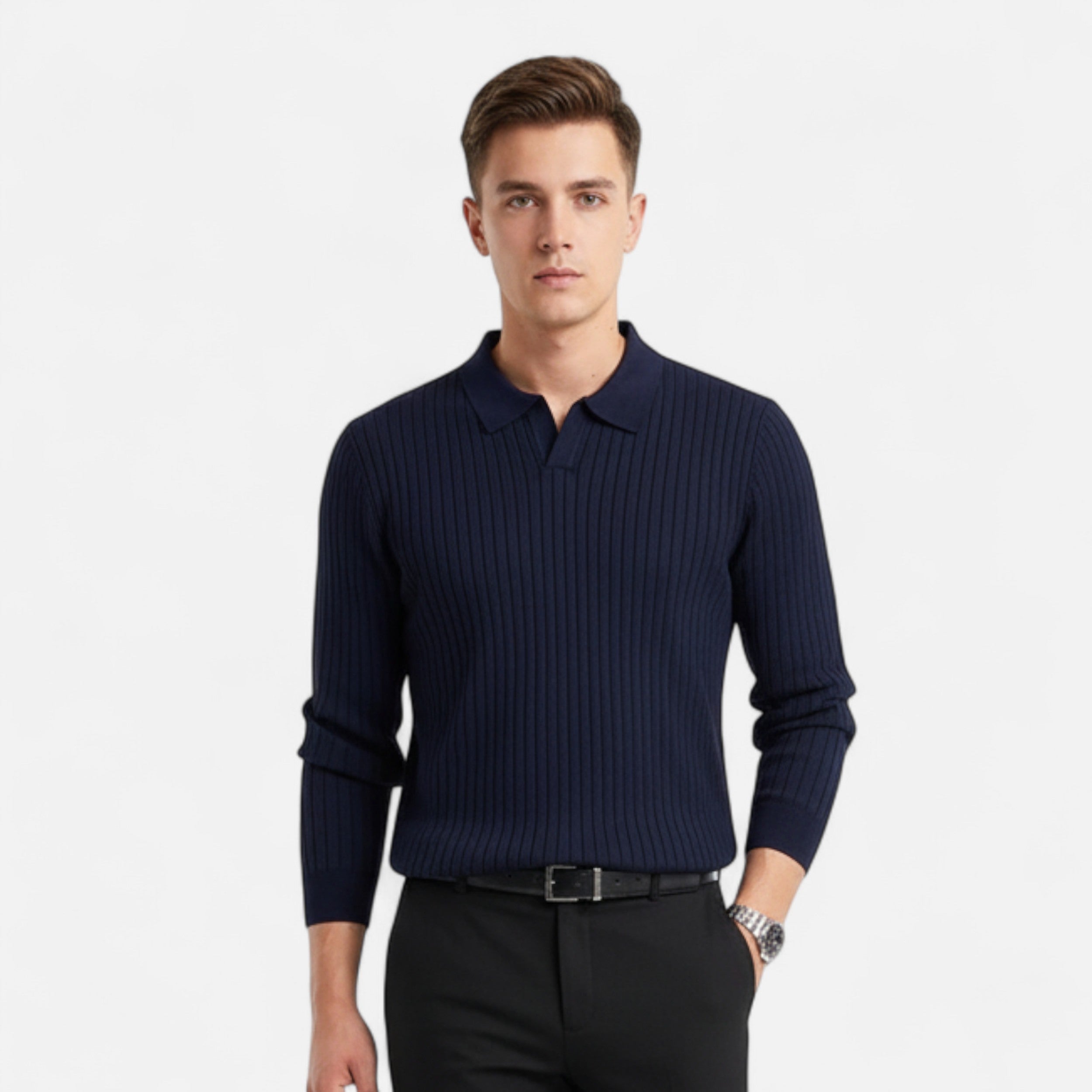 La Cartiera | Men’s Slim Knit Polo Shirt – Textured Long-Sleeve Waffle Polo for Refined Casual Style