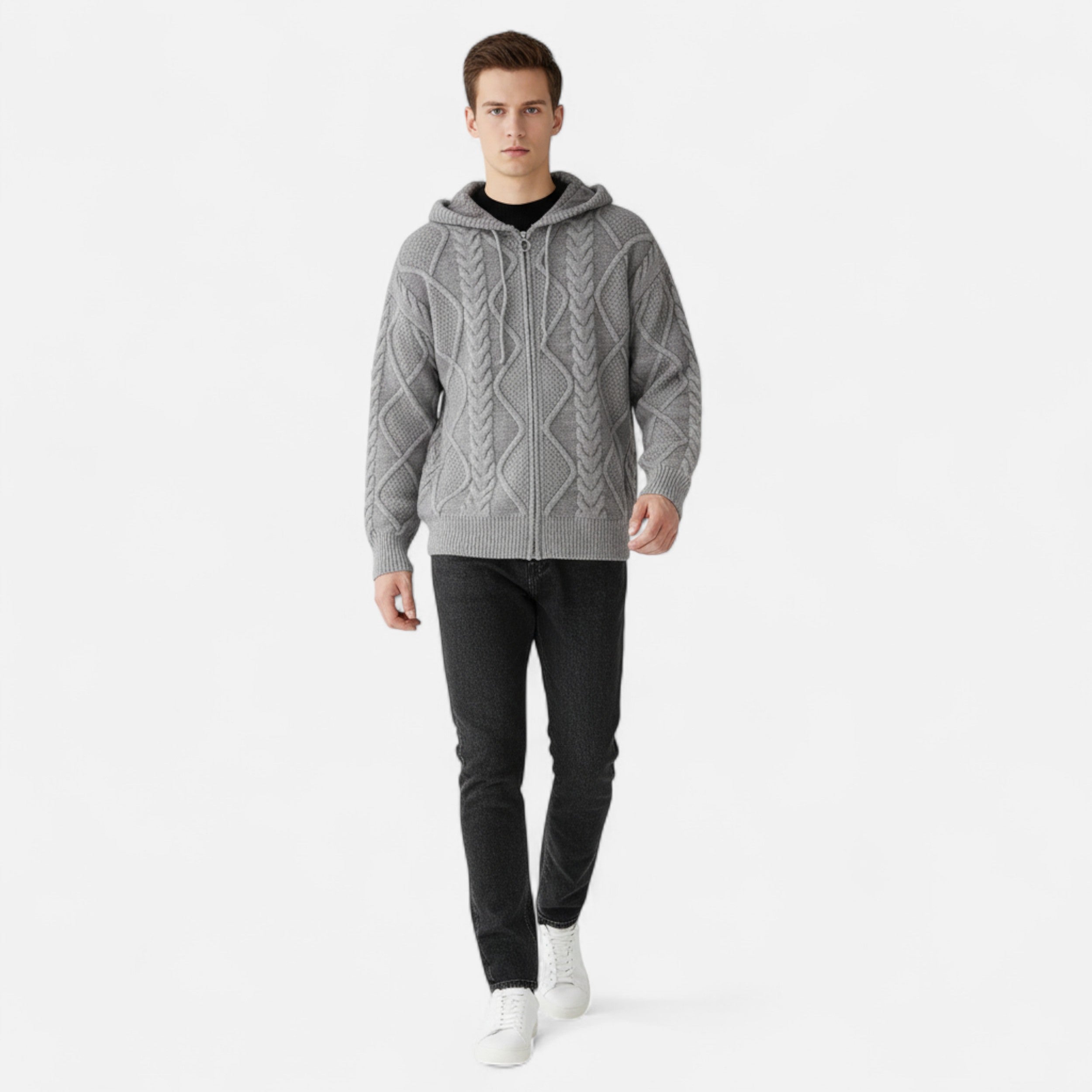 La Cartiera | Men’s Hooded Zip-Up Coat – Loose Fit with Quilted Diamond Pattern