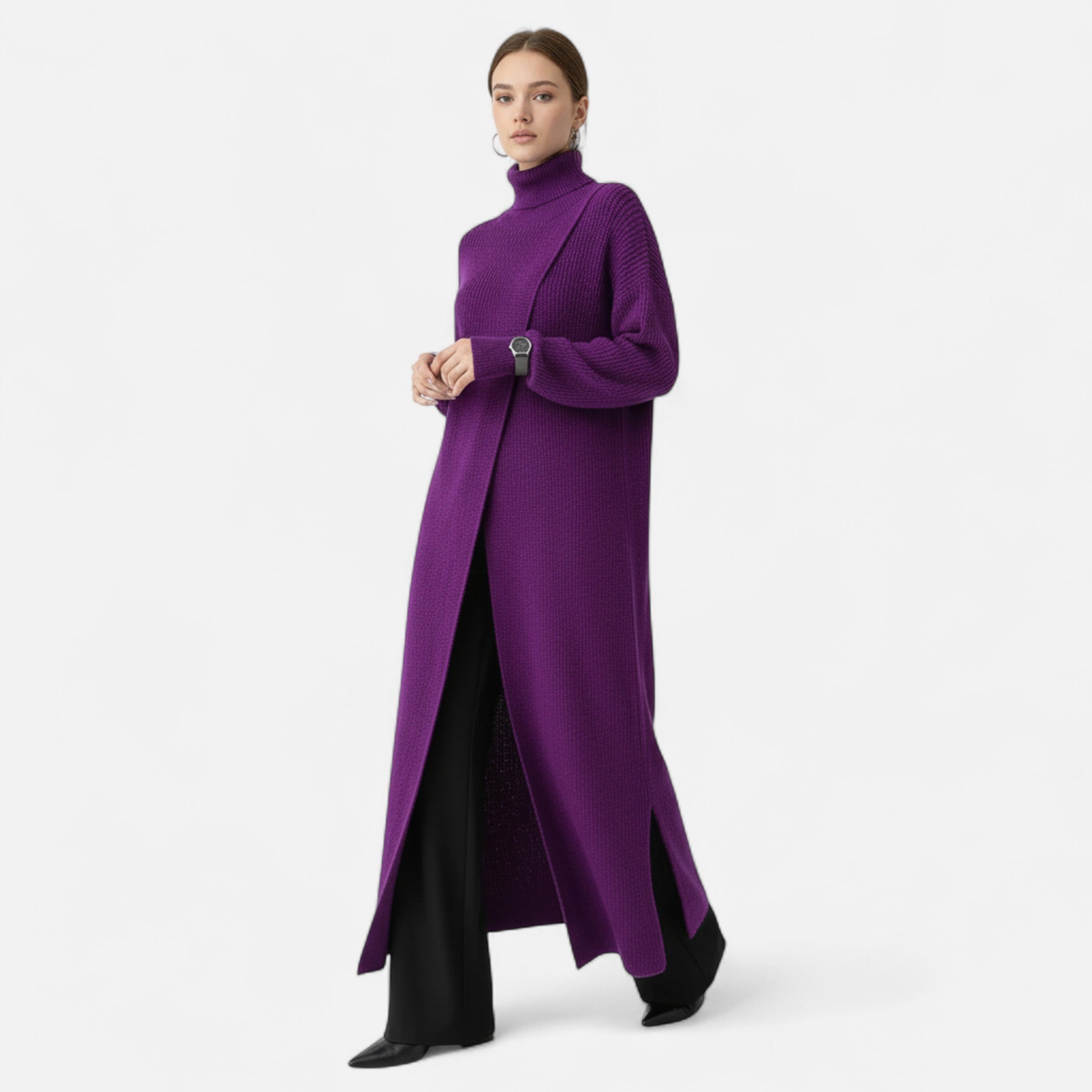 La Cartiera | Women’s Long Knit Turtleneck Sweater Dress – Slim Fit with Side Slits