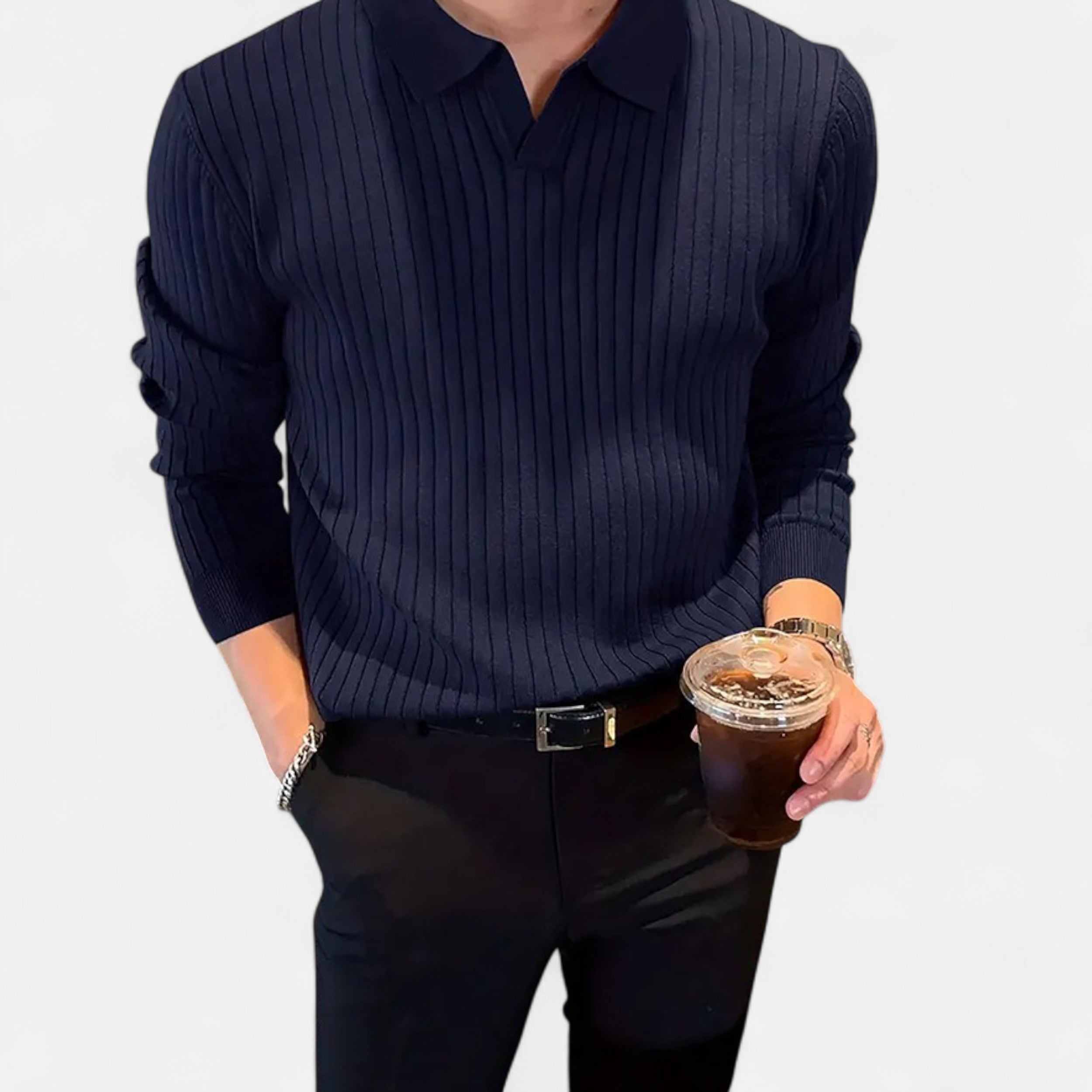 La Cartiera | Men’s Slim Knit Polo Shirt – Textured Long-Sleeve Waffle Polo for Refined Casual Style